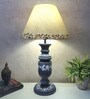 Grey Stone Finish Handpainted and hancarved Distress wooden Table lamp in Vaase handcarved design with handpainted fabric shade