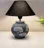 Grey Stone Finish Handpainted and hancarved Distress wooden Table lamp in Vaase handcarved design with handpainted fabric shade