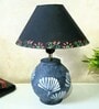 Grey Stone Finish Handpainted and hancarved Distress wooden Table lamp in Vaase handcarved design with handpainted fabric shade