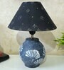 Grey Stone Finish Handpainted and hancarved Distress wooden Table lamp in Vaase handcarved design with handpainted fabric shade