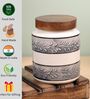 Grey White Embossed Ceramic Air Tight Jar with Wooden Lid