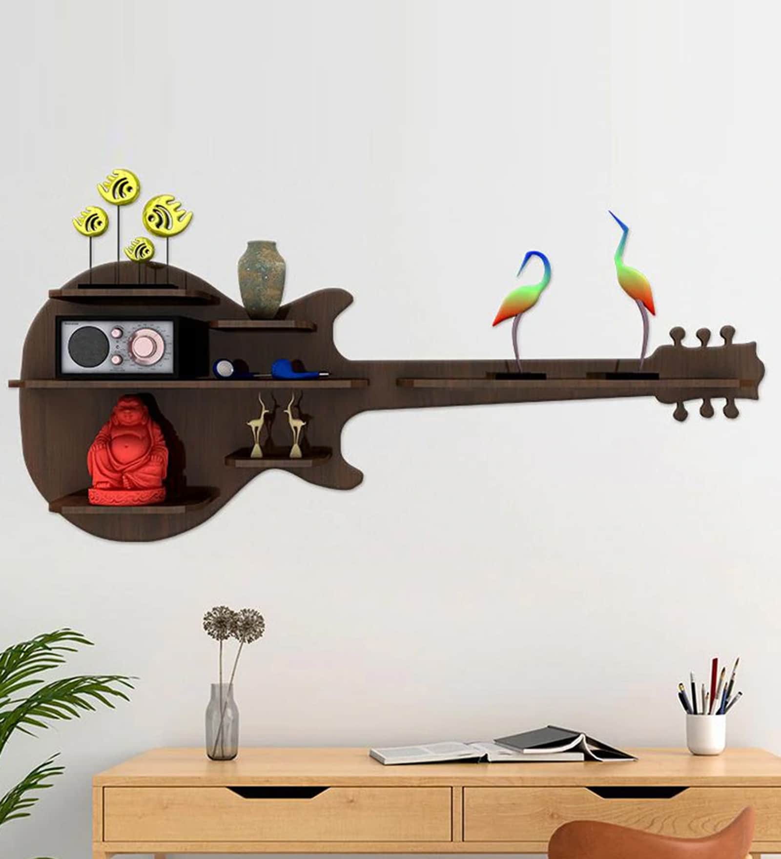 Guitar Backlit Designer Wooden Wall Shelf
