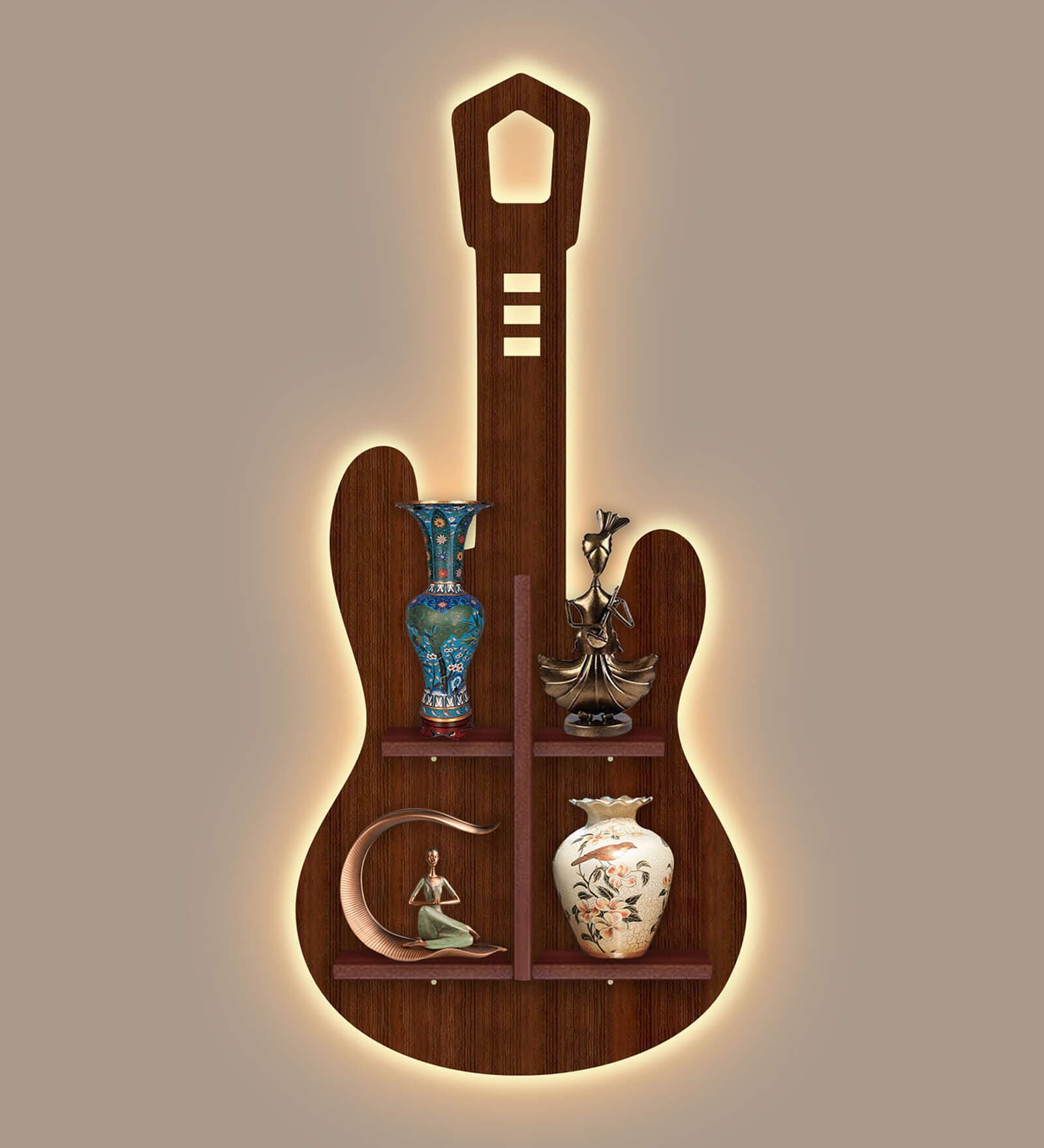 Guitar Shape Walnut Wood Wall Shelf