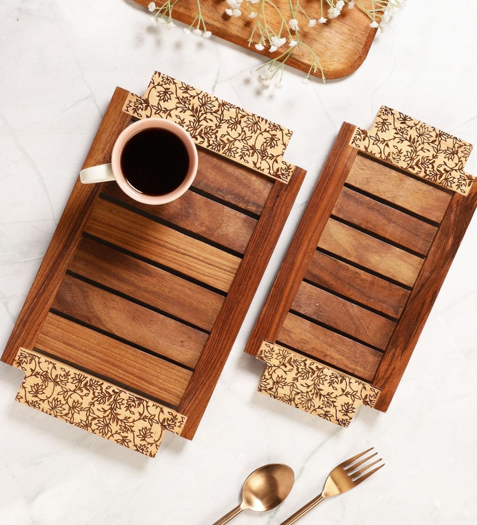 Gul Hand Carved Sheesham Wood Trays Set of Two with Fine Carving Handles