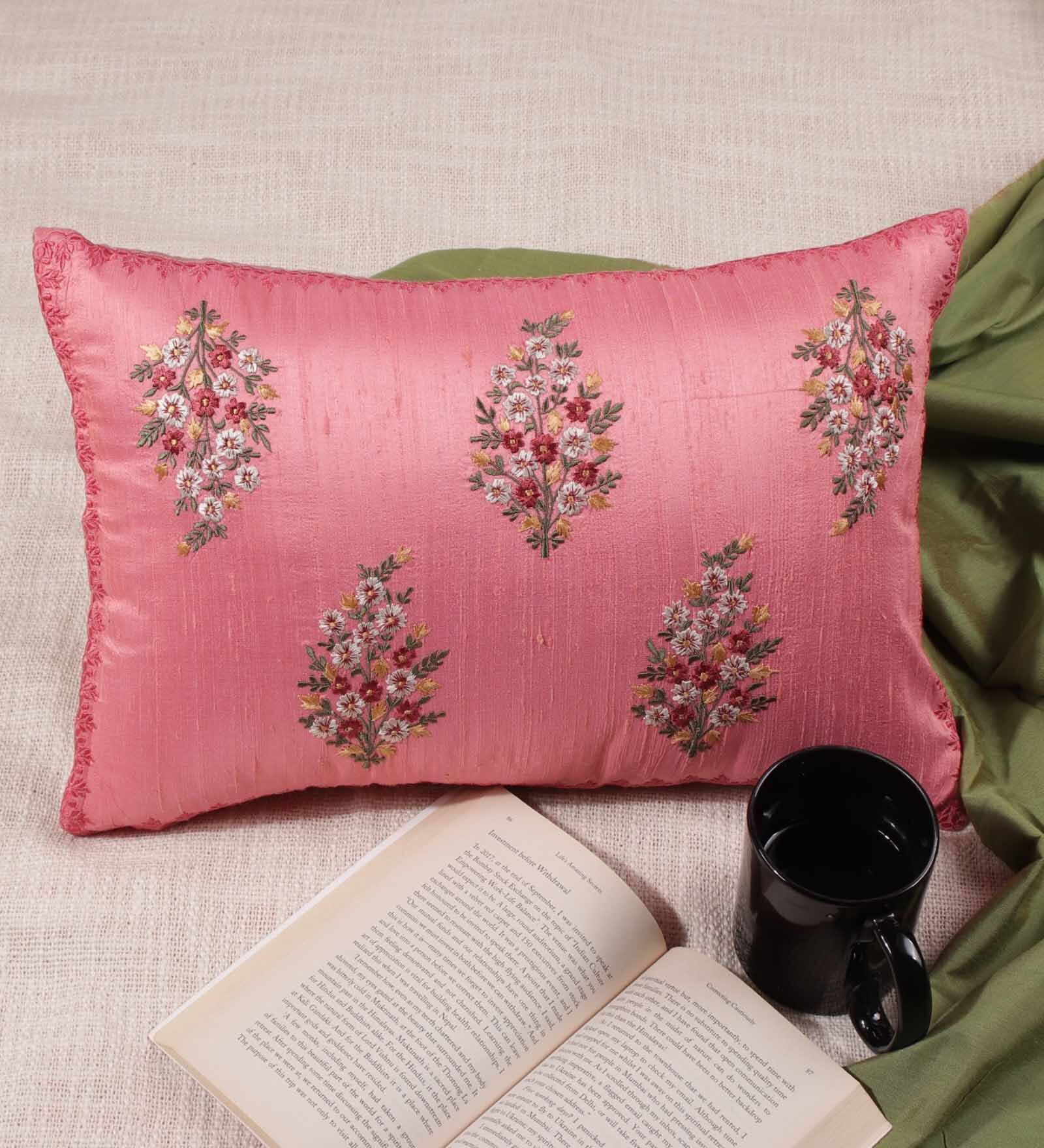 Buy Pink Textured Silk Fabric 18 x 12 Inches Embroidered Cushion Covers