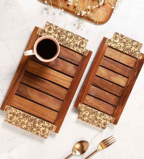 Gul Hand Carved Sheesham Wood Trays Set of Two with Fine Carving Handles