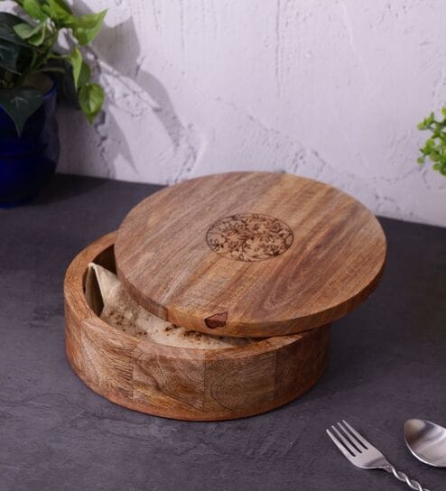 Gul Hand Crafted Mango Wood Chapati Box with Fine Carving Lid