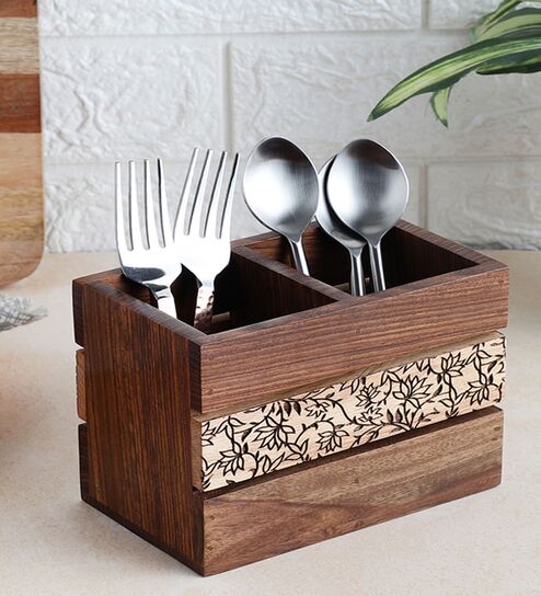 Gul Sheesham & Beech Wood Two Part Cutlery Holder