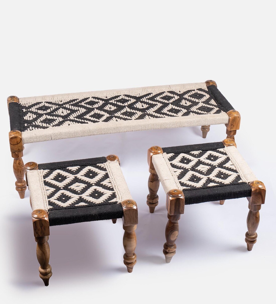 Buy Hamilton Maachi Solid Wood Bench in Black & White Colour by Ikiriya