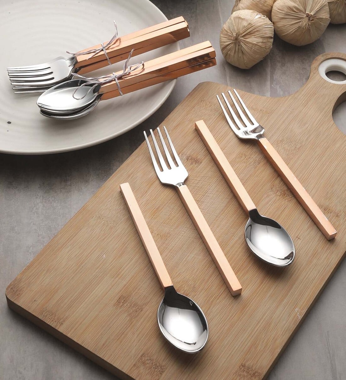 Buy Hammered with Copper Handle (Set of 12) Stainless Steel Cutlery Set