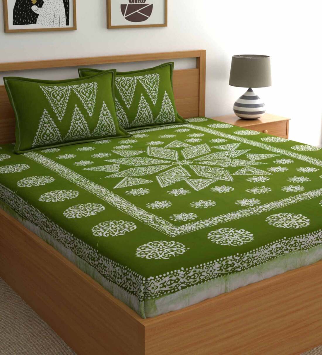 Buy Green Traditional 210 TC Cotton 1 Double King Size Bedsheet with 2