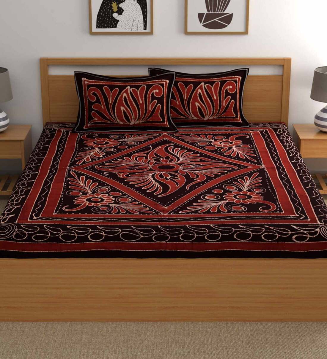 Buy Black Traditional 210 TC Cotton Blend King Sized Bed Sheets with 2