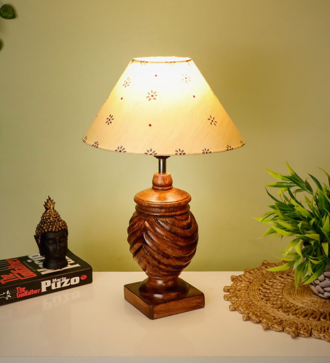 Buy Handmade Rings Brown Wood Table Lamp with Beige Fabric Shade by ...