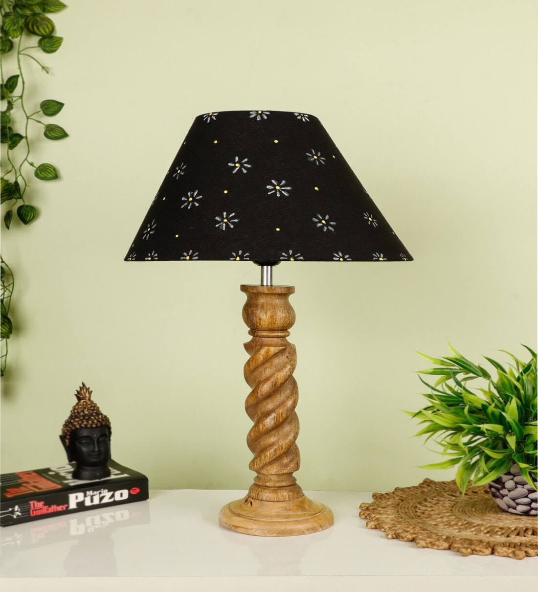 Buy Handmade Rope Brown Wood Table Lamp with Black Fabric Shade by