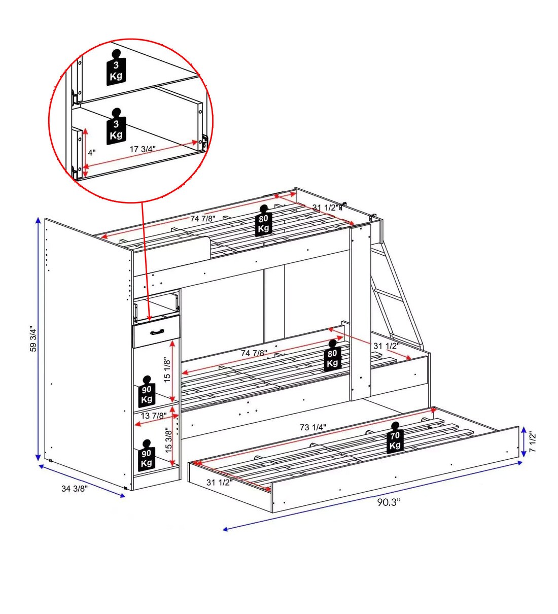 Buy Hannah Storage Bunk Bed with Trundle in Black & White CasaCraft