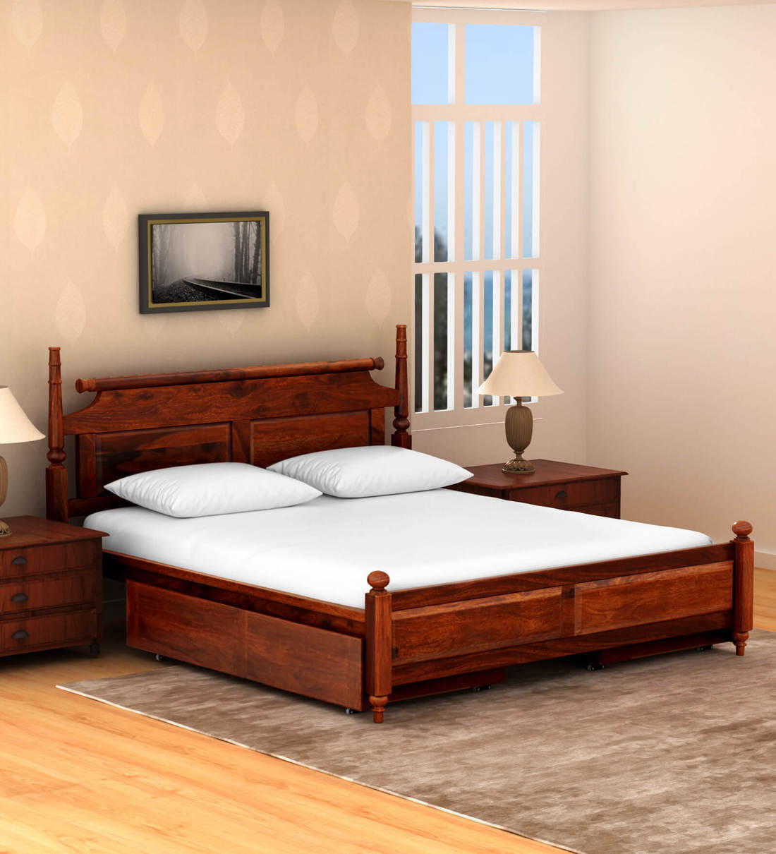 Buy Harleston Solid Wood Queen Size Bed With Drawer Storage In Honey