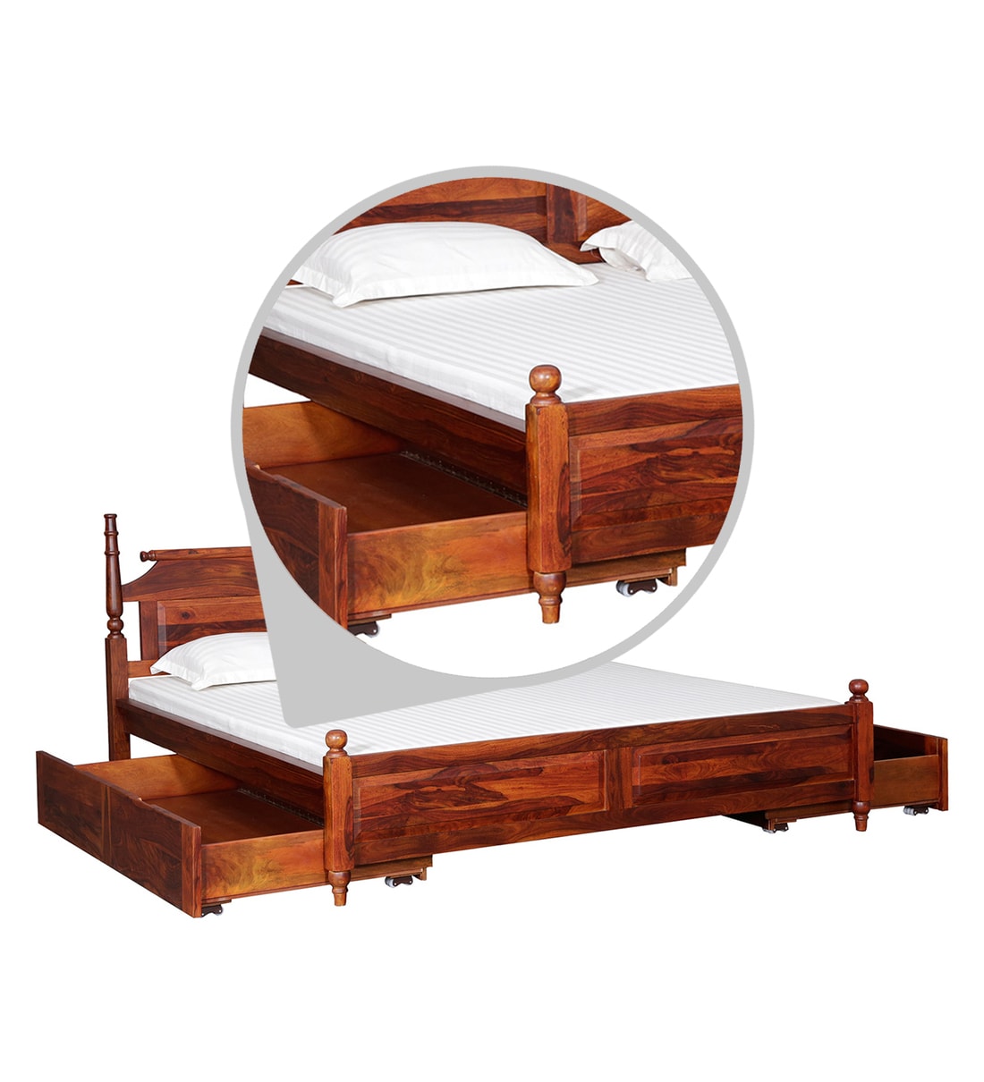 Buy Harleston Solid Wood Queen Size Bed With Drawer Storage In Honey