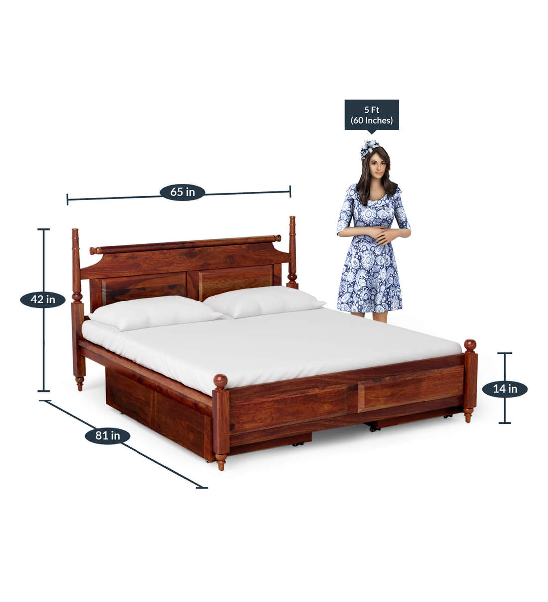 Buy Harleston Solid Wood Queen Size Bed With Drawer Storage In Honey