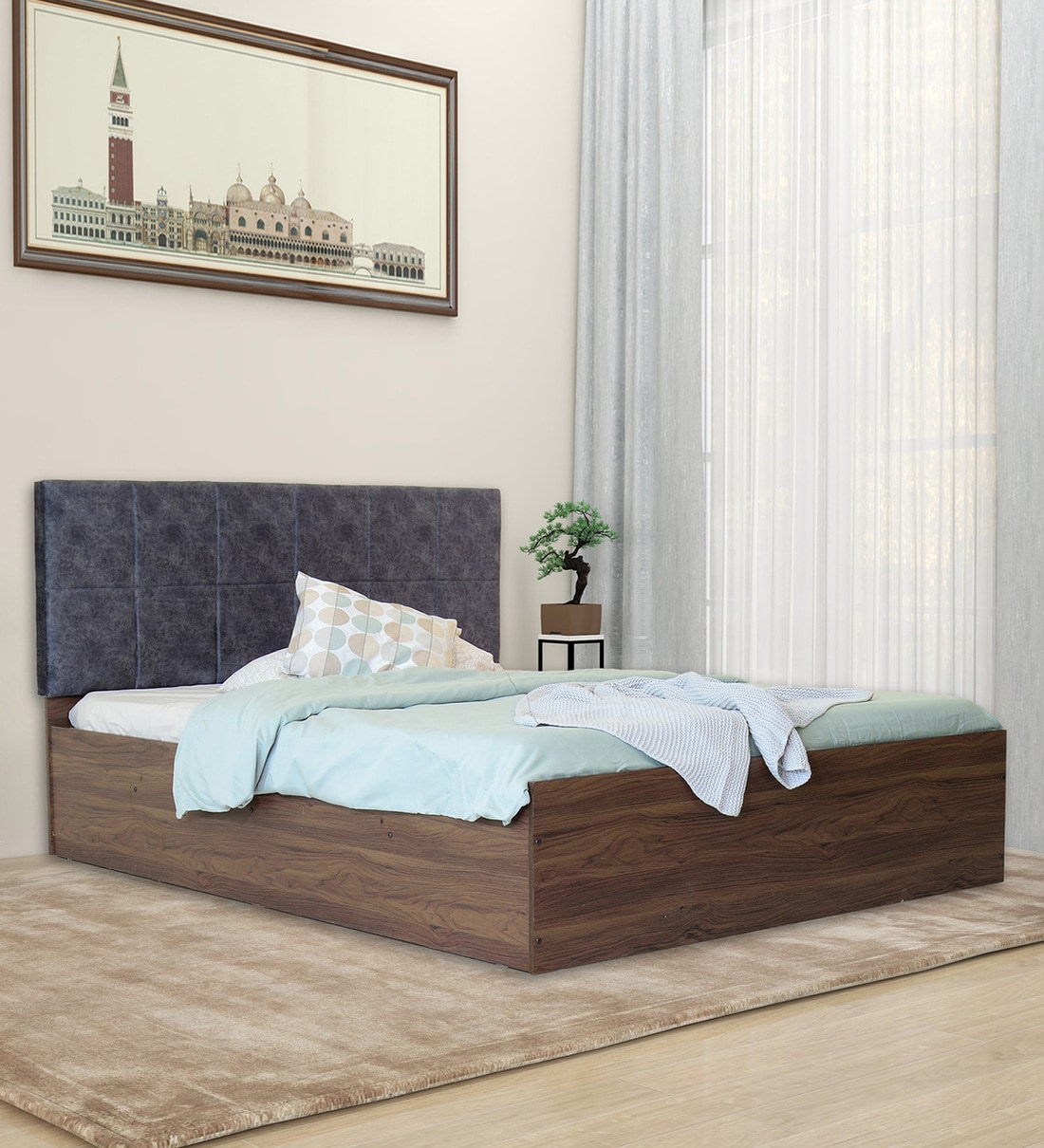 Buy Haruka Queen Size Upholstered Bed in Charcoal & Walnut Colour With