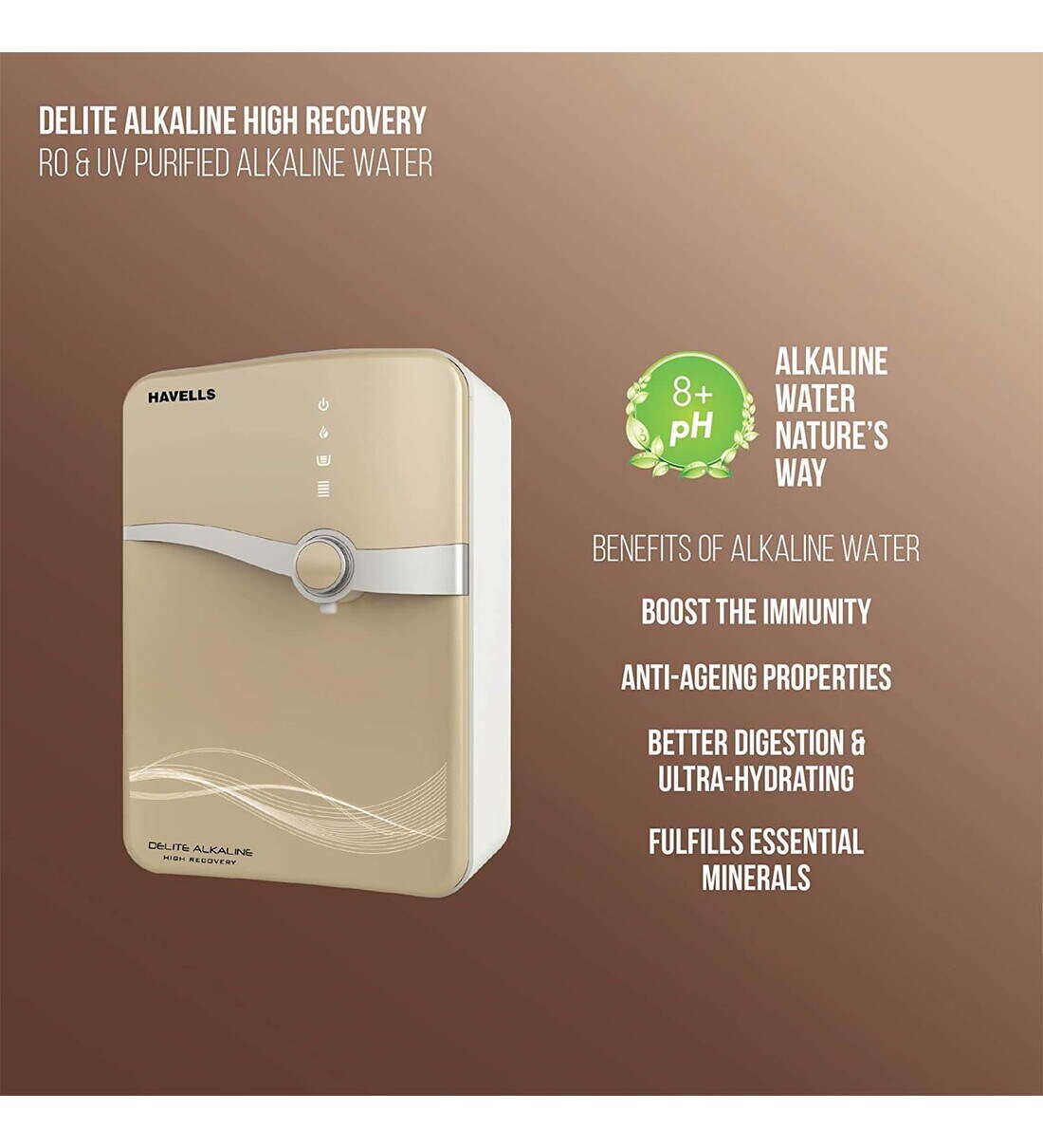 Buy Havells Delite High Recovery 6.5L RO+UV Alkaline Water Purifier (8