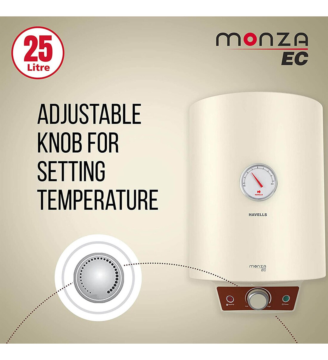 Buy Havells Monza EC 25L 5 Star With Flexi Pipe Vertical Storage Water  Heater at 45% OFF by Havells | Pepperfry