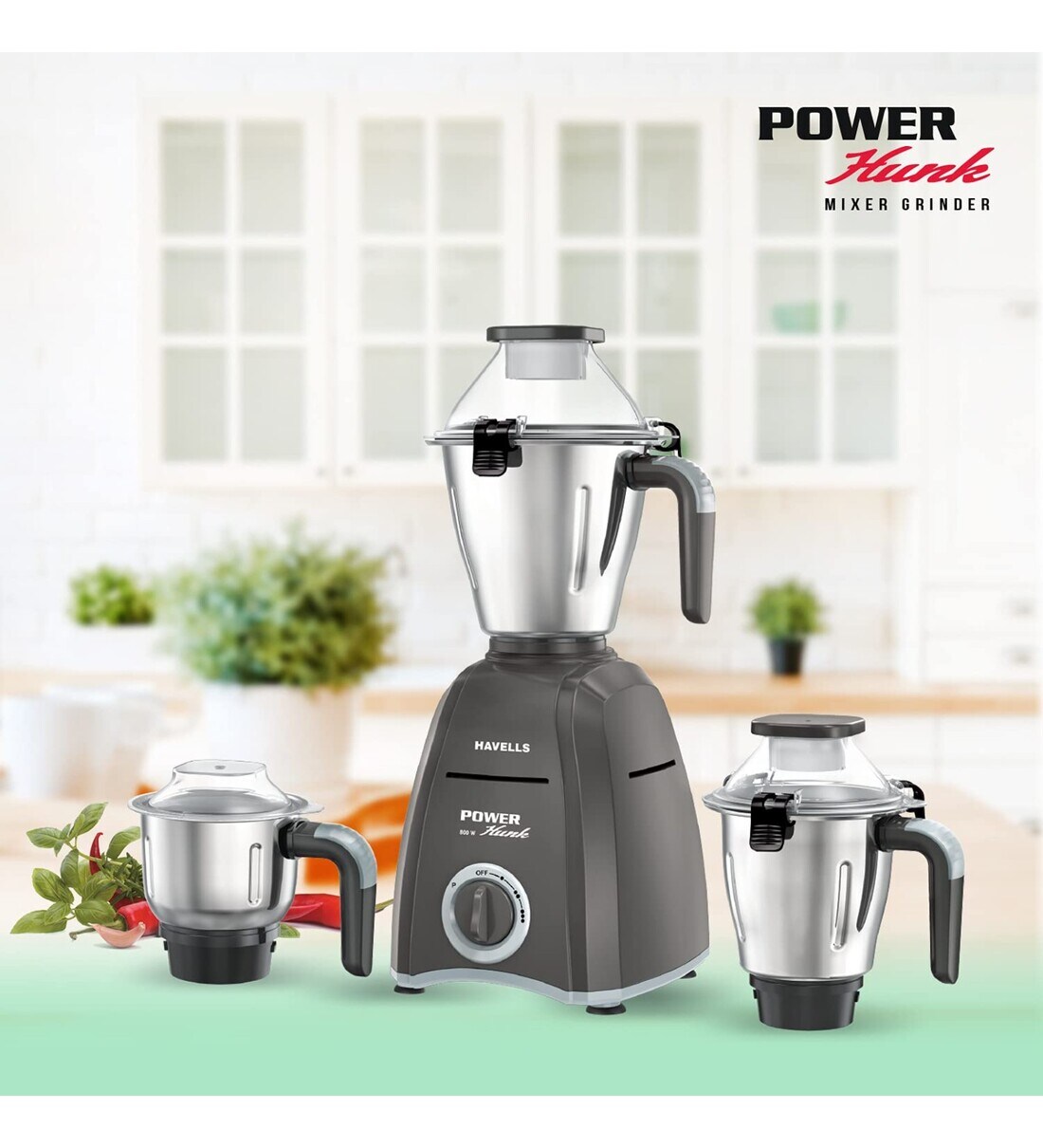 Buy Havells Power Hunk 800W Mixer Grinder with 3 Jar Hands Free operation (Grey) Online Mixer
