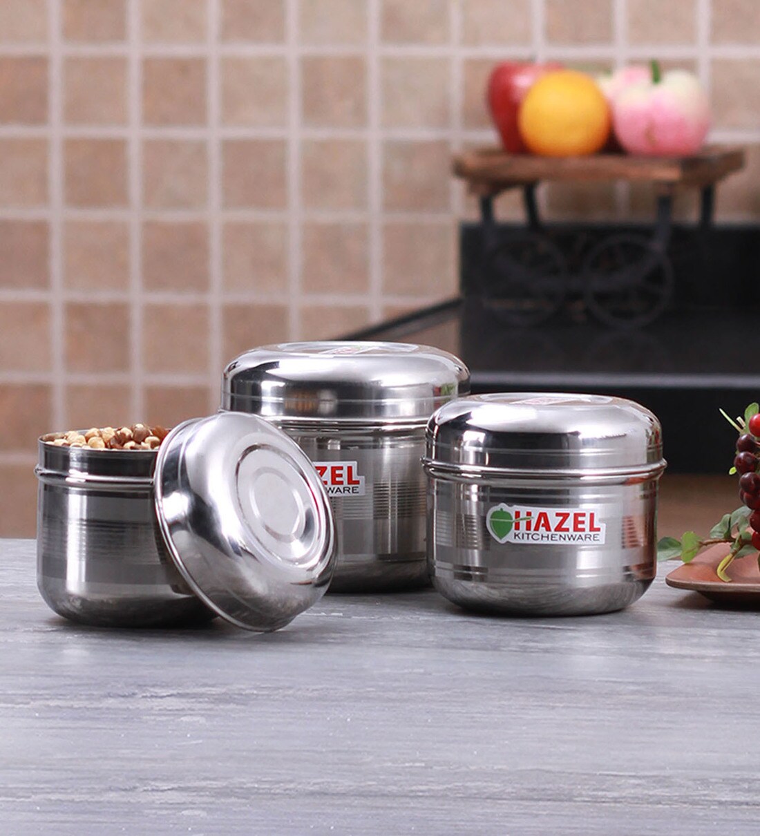Buy Hazel Kitchen Storage Flat Round Container with Scoop Set Set of