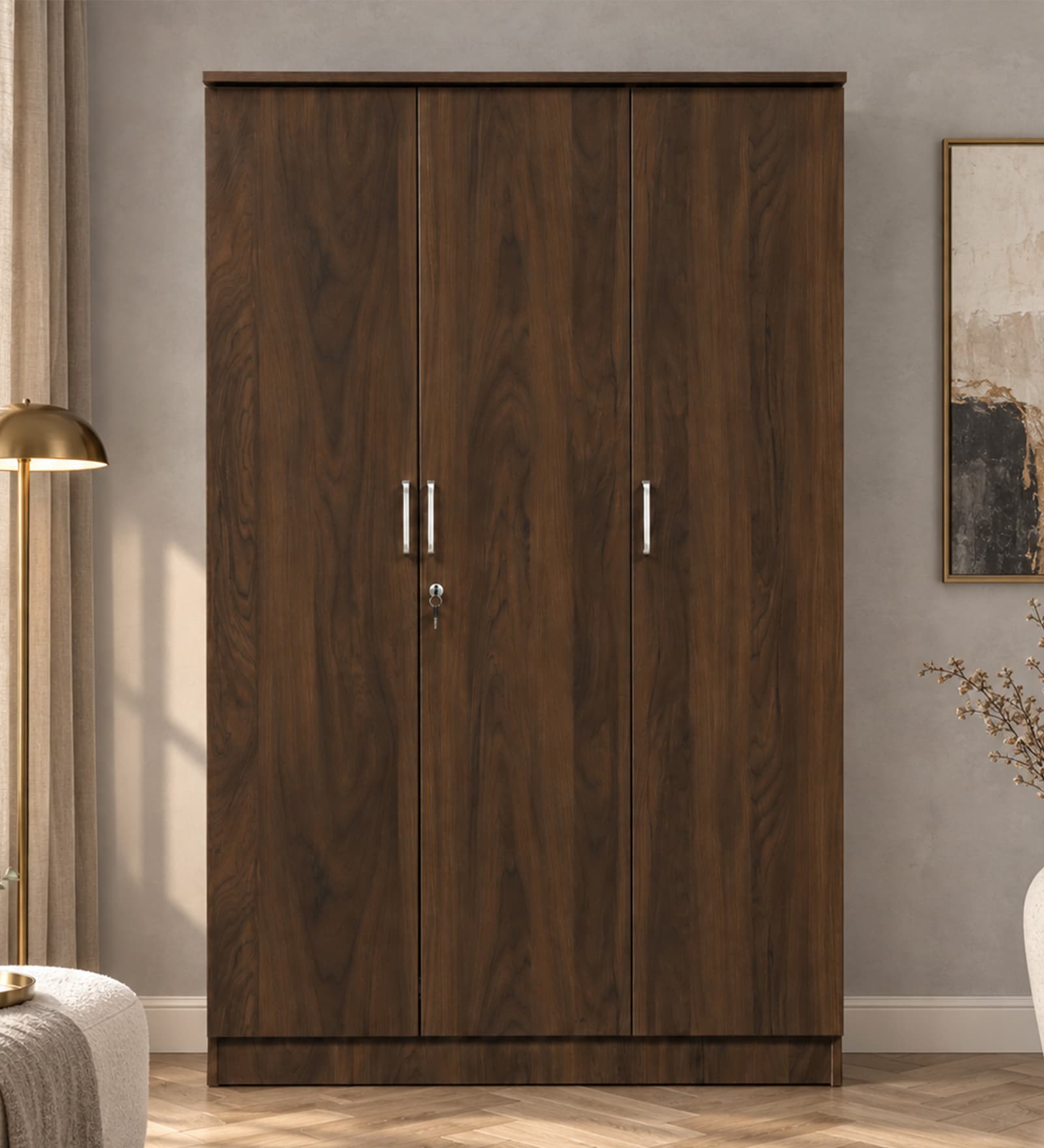 Hachi 3 Door Wardrobe In Walnut Finish With Adjustable Shelves