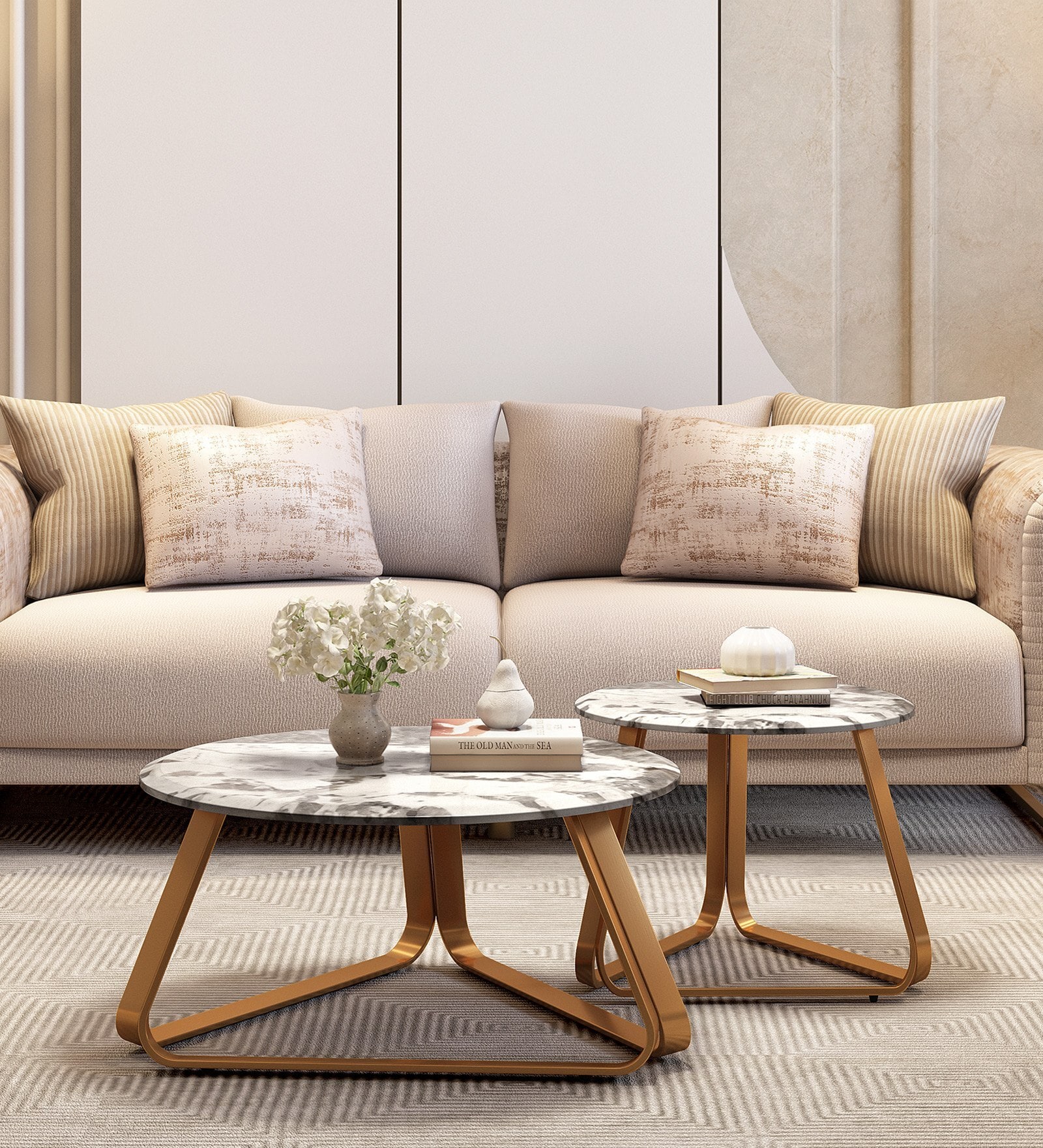 Hailey Marble Coffee Table ( Set Of 2) In White & Grey Finish