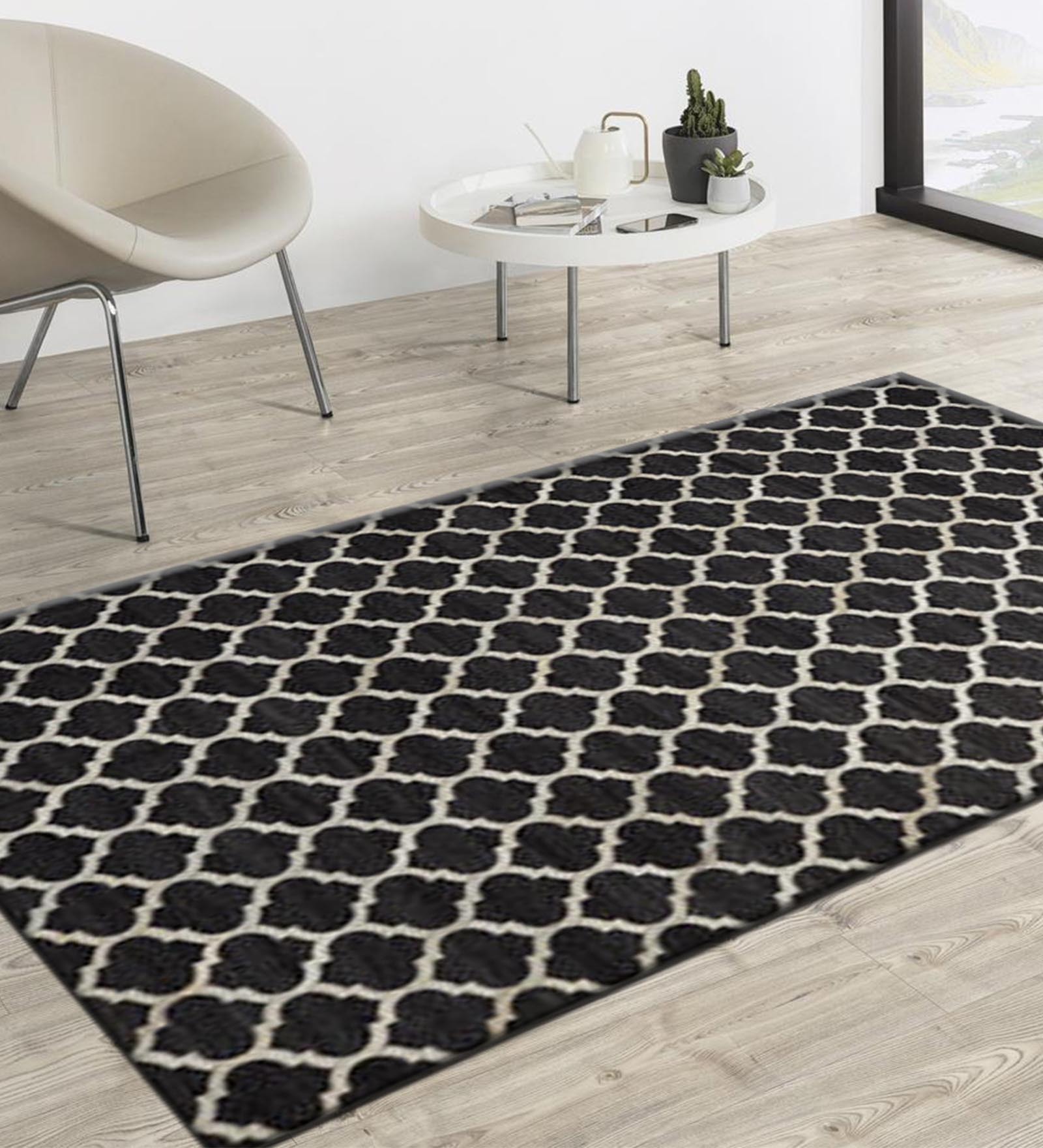 Black Leather Geometrical 12 x 10 Feet Hand Woven Carpet
