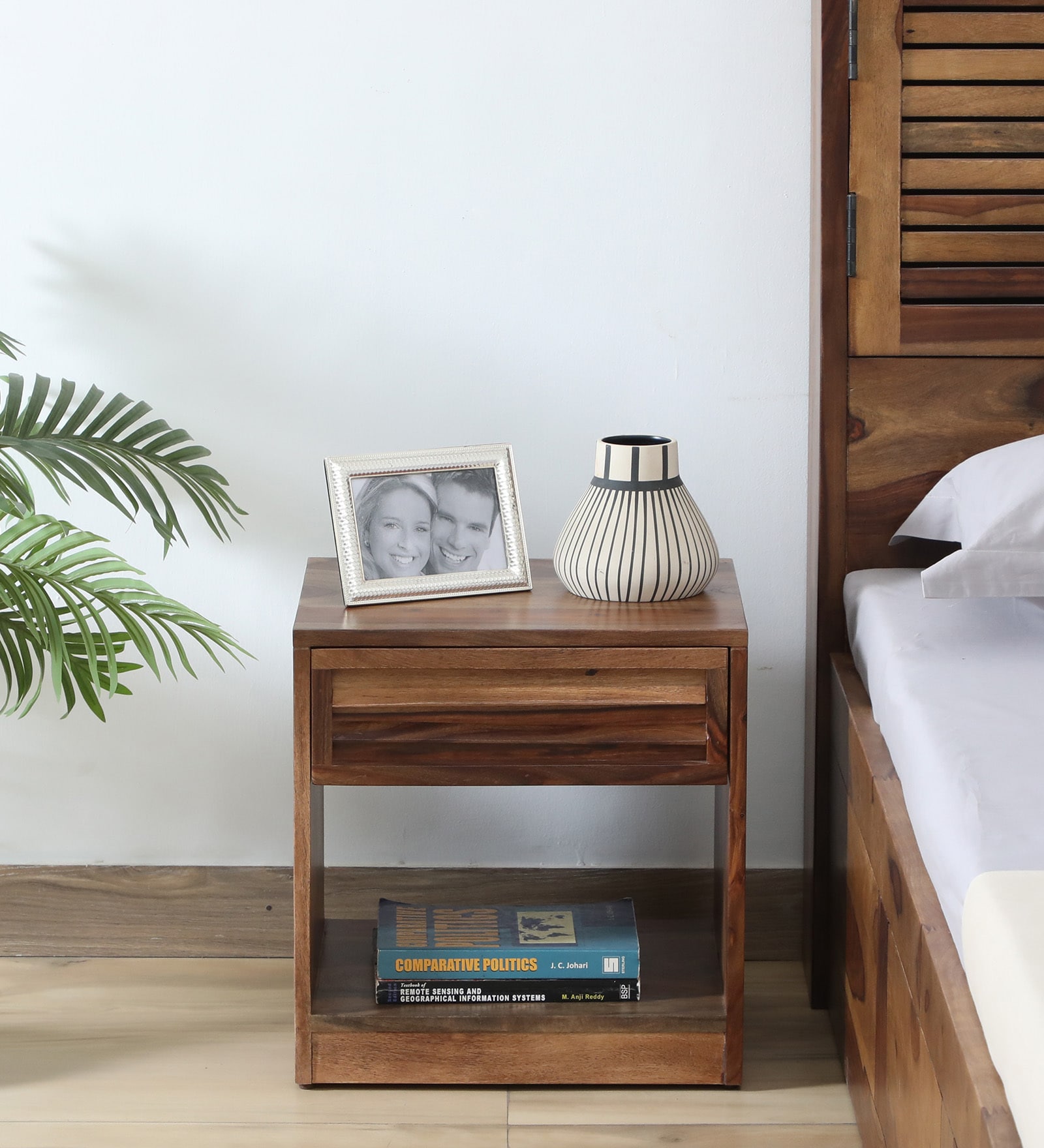 Halden Sheesham Wood Bedside Table In Scratch Resistant Rustic Teak Finish With Drawer