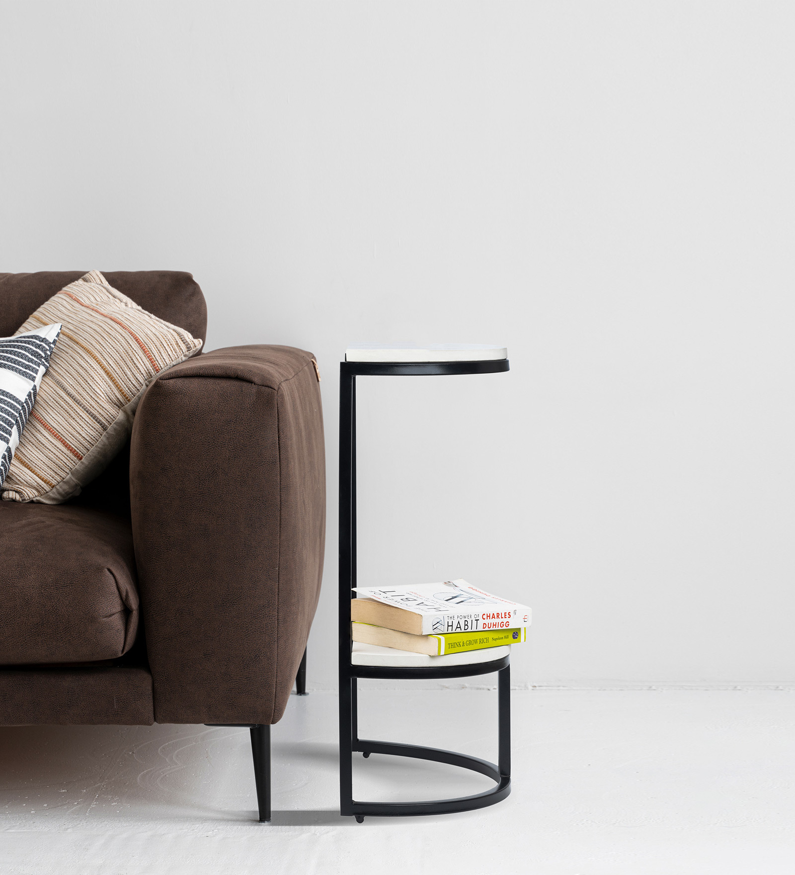 Half Round Marble End Table in Black Finish