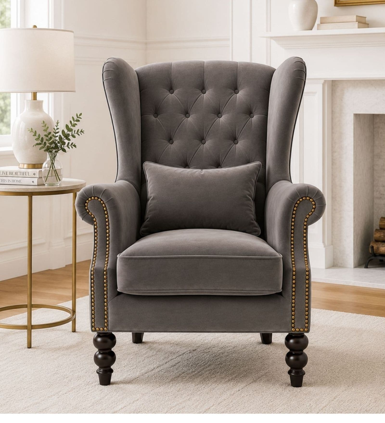 Haloria Teak Wood High Back Chair With Suede Fabric In DarkGrey Colour Haloria Teak Wood High Back Chair With Suede Fabric In DarkGrey Colour