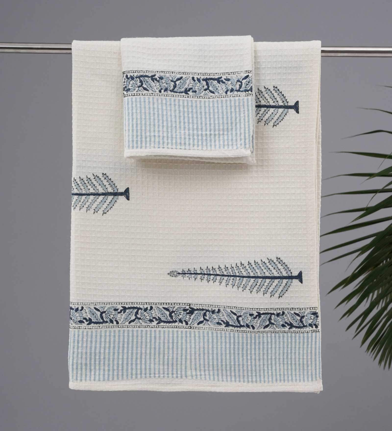 Hand Block Printed 100% Pure Cotton Floral Blue 240 GSM Super Absorbent 1 Hand and 1 Bath Towel Set