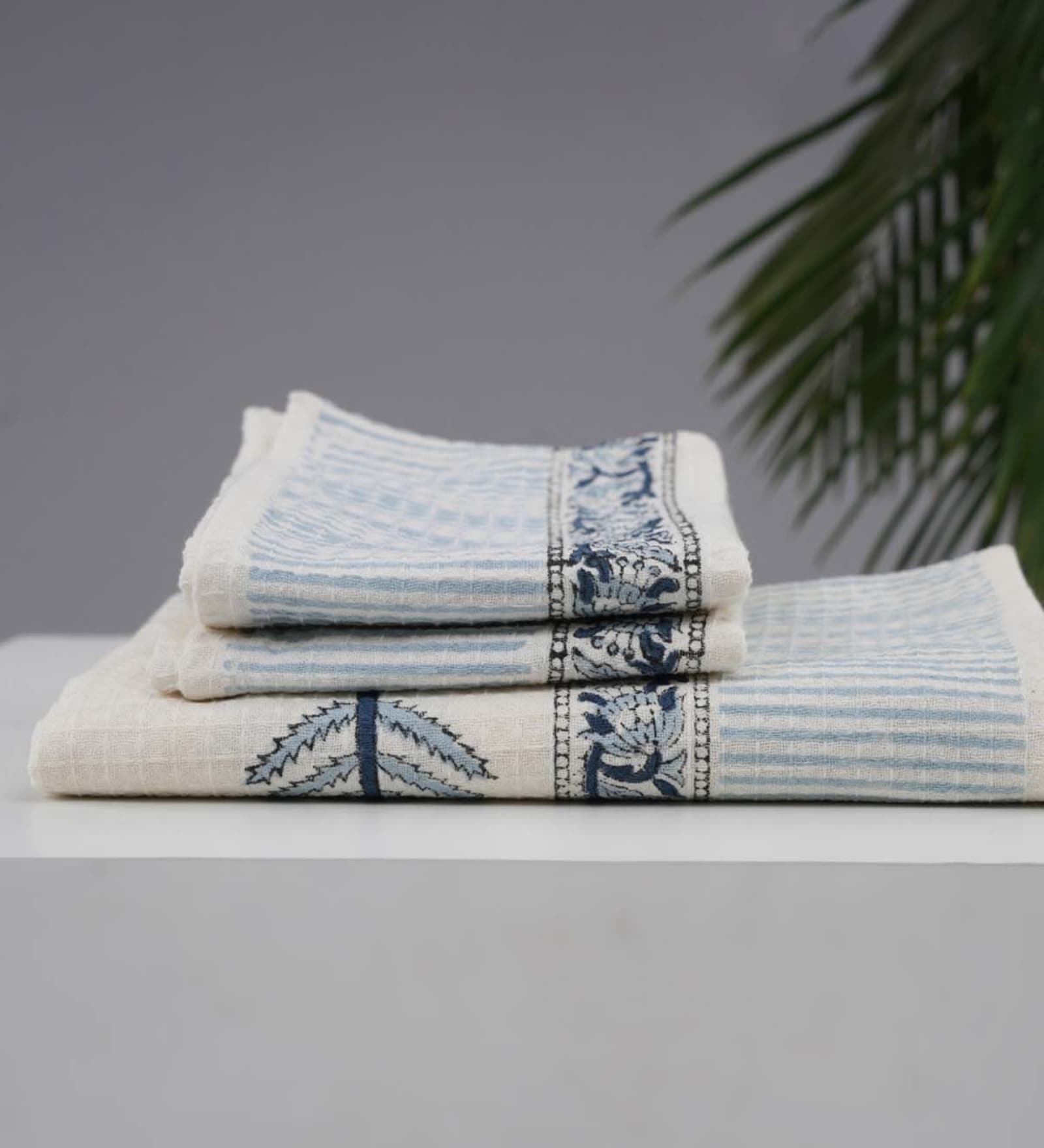 Hand Block Printed 100% Pure Cotton Floral Blue 240 GSM Super Absorbent 2 Hand and 1 Bath Towel Set