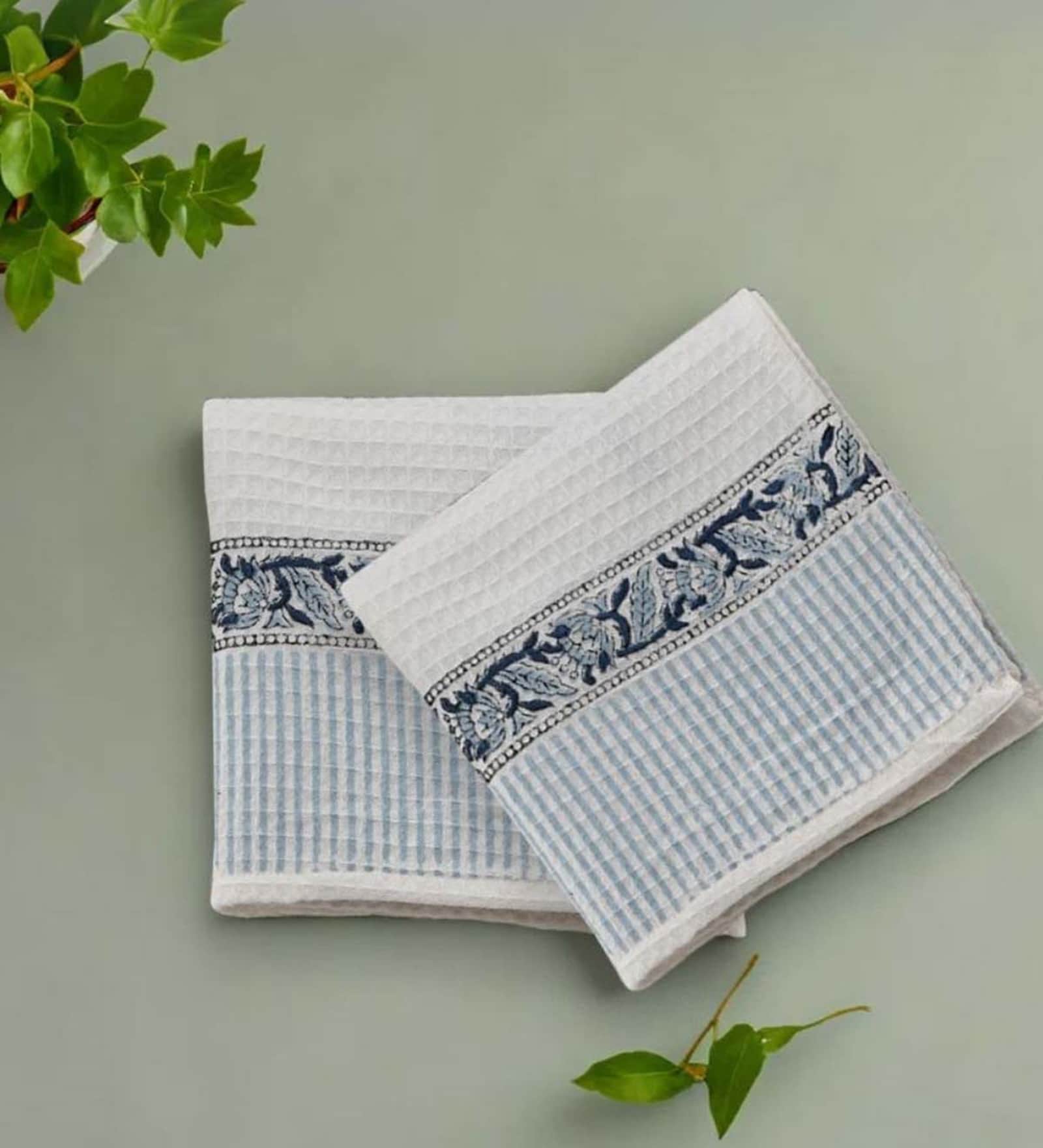 Hand Block Printed 100% Pure Cotton Floral Blue 240 GSM Super Absorbent 2 Hand Towels