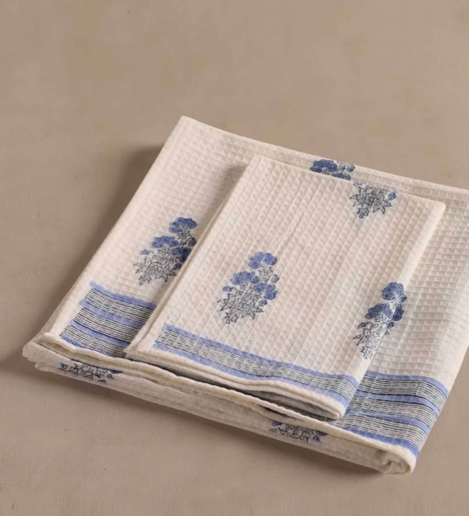 Hand Block Printed 100% Pure Cotton Floral Offwhite & Blue 240 GSM Super Absorbent 1 Hand & 1 Bath Towel Set