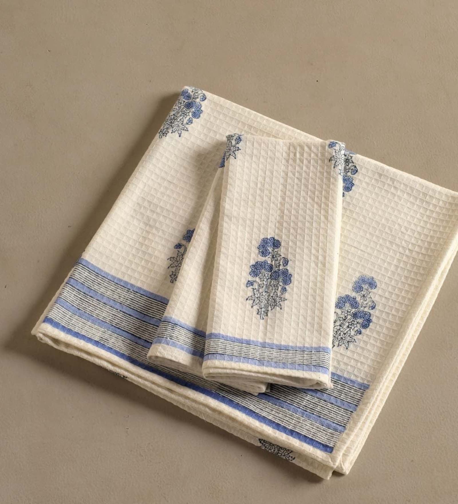 Hand Block Printed 100% Pure Cotton Floral Offwhite & Blue 240 GSM Super Absorbent 2 Hand & 1 Bath Towel Set
