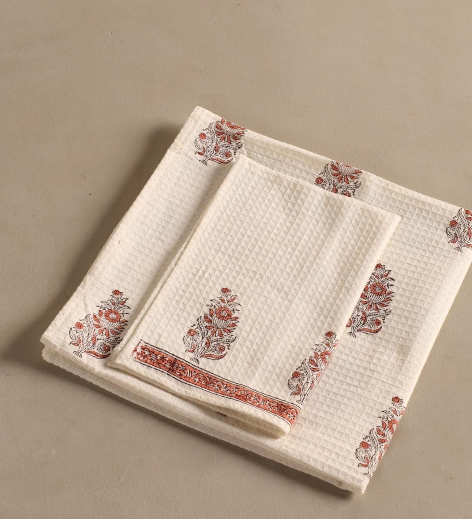 Hand Block Printed 100% Pure Cotton Floral Offwhite & Peach 240 GSM Super Absorbent 1 Hand & 1 Bath Towel Set