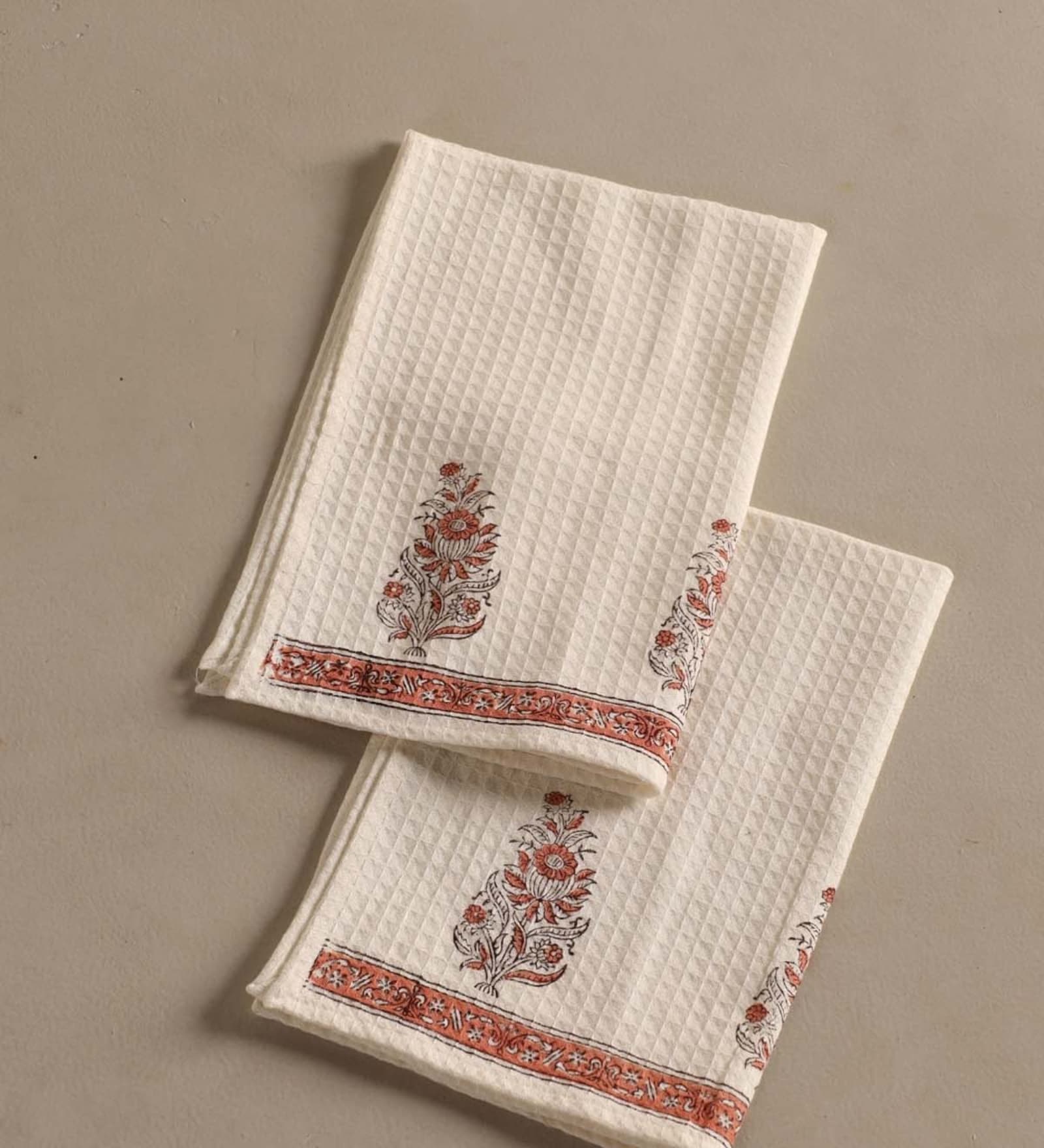 Hand Block Printed 100% Pure Cotton Floral Offwhite & Peach 240 GSM Super Absorbent 2 Hand Towels