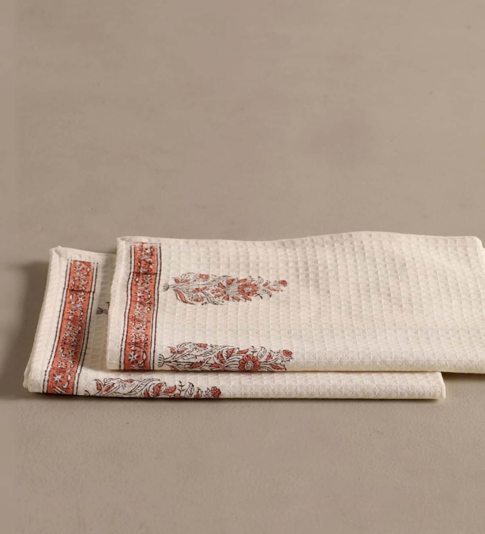 Hand Block Printed 100% Pure Cotton Floral Offwhite & Peach 240 GSM Super Absorbent 2 Hand Towels