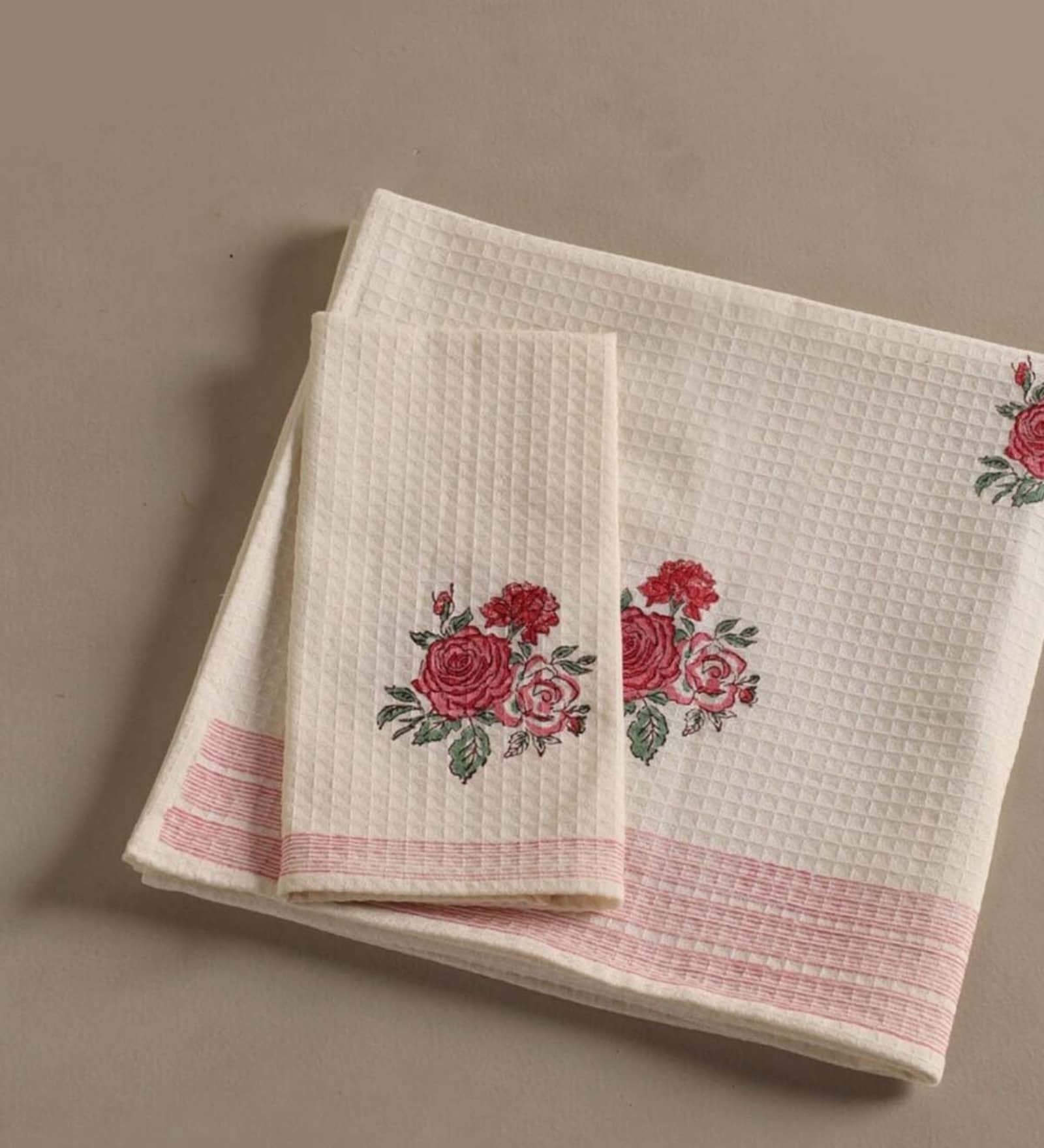 Hand Block Printed 100% Pure Cotton Floral Offwhite & Pink 240 GSM Super Absorbent 1 Hand & 1 Bath Towel Set