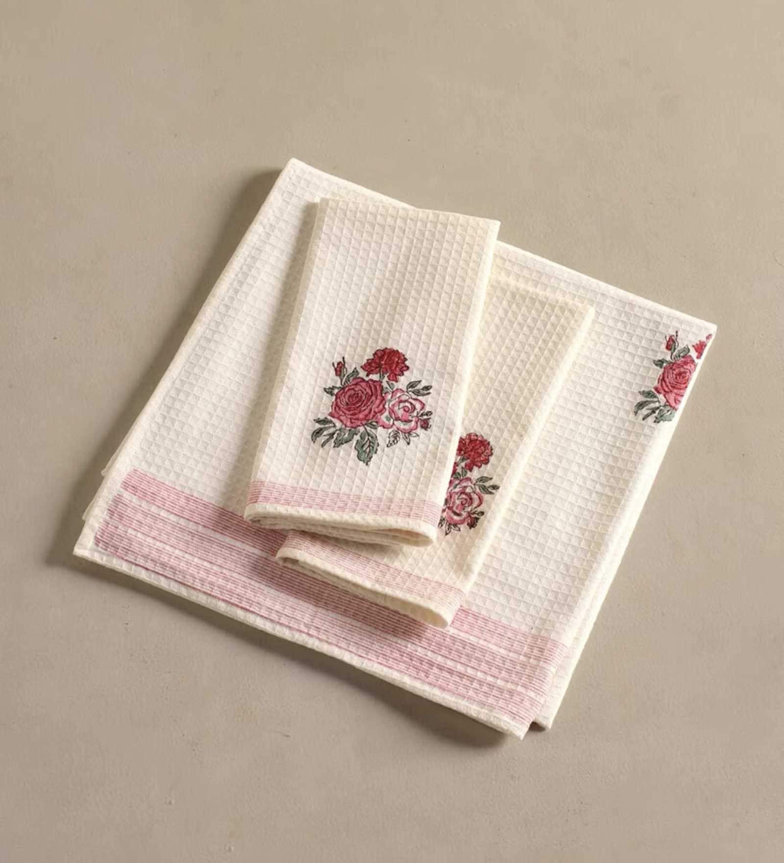 Hand Block Printed 100% Pure Cotton Floral Offwhite & Pink 240 GSM Super Absorbent 2 Hand & 1 Bath Towel Set