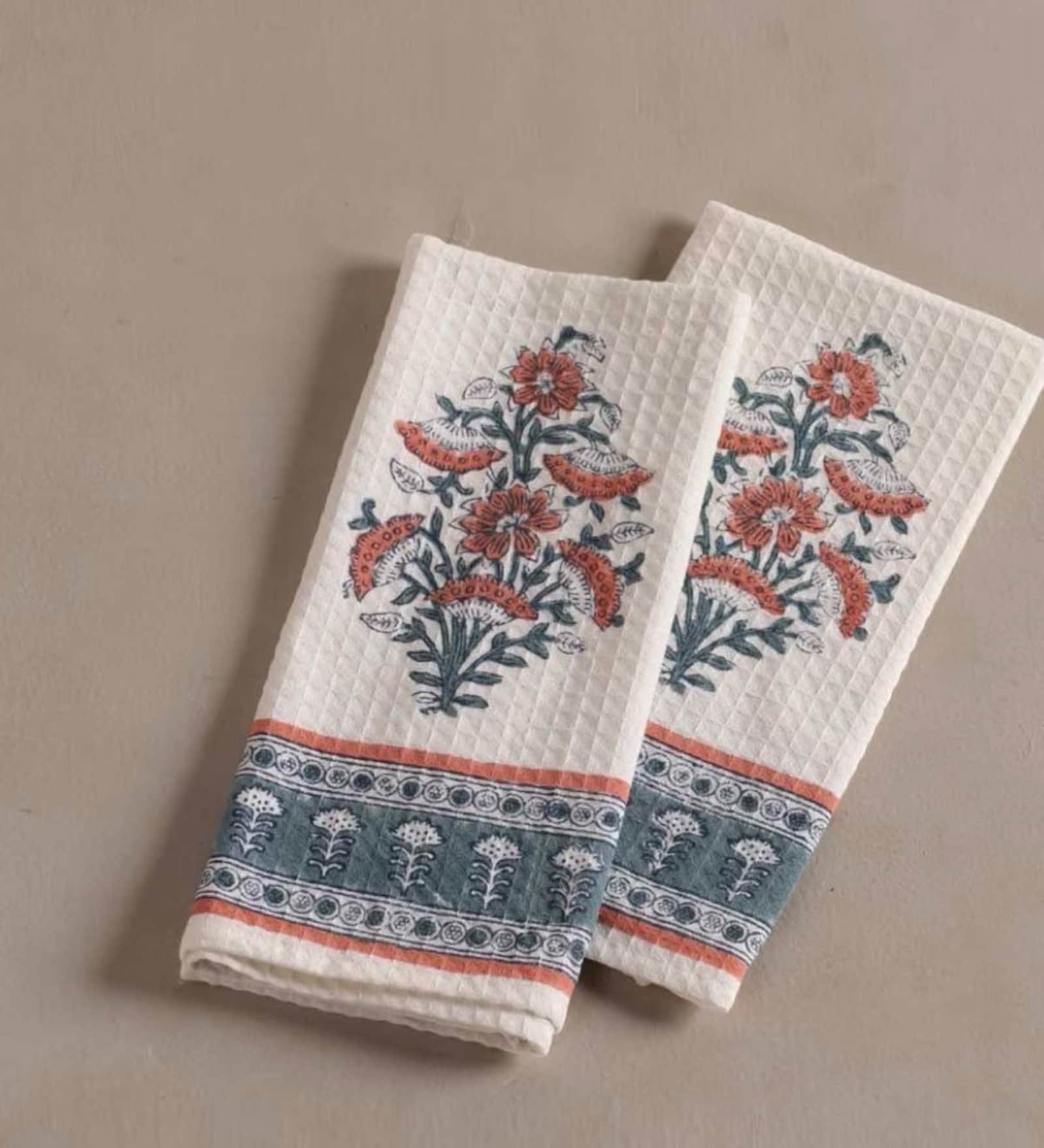 Hand Block Printed 100% Pure Cotton Floral Peach & Teal 240 GSM Super Absorbent  2 Hand Towels