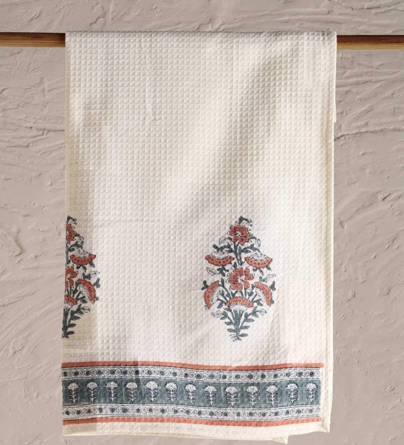 Hand Block Printed 100% Pure Cotton Floral Peach & Teal 240 GSM Super Absorbent  Bath Towels