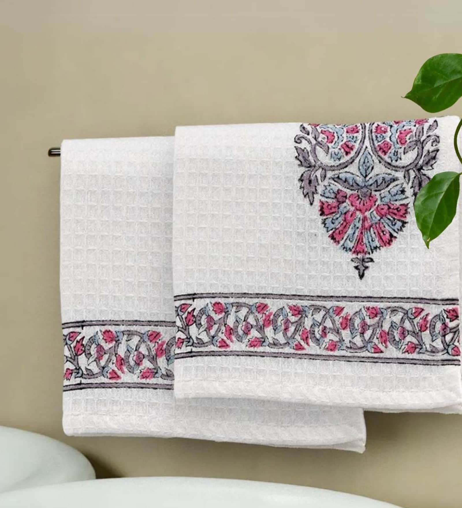 Hand Block Printed 100% Pure Cotton Floral Pink 240 GSM Super Absorbent  2 Hand Towels  Towels