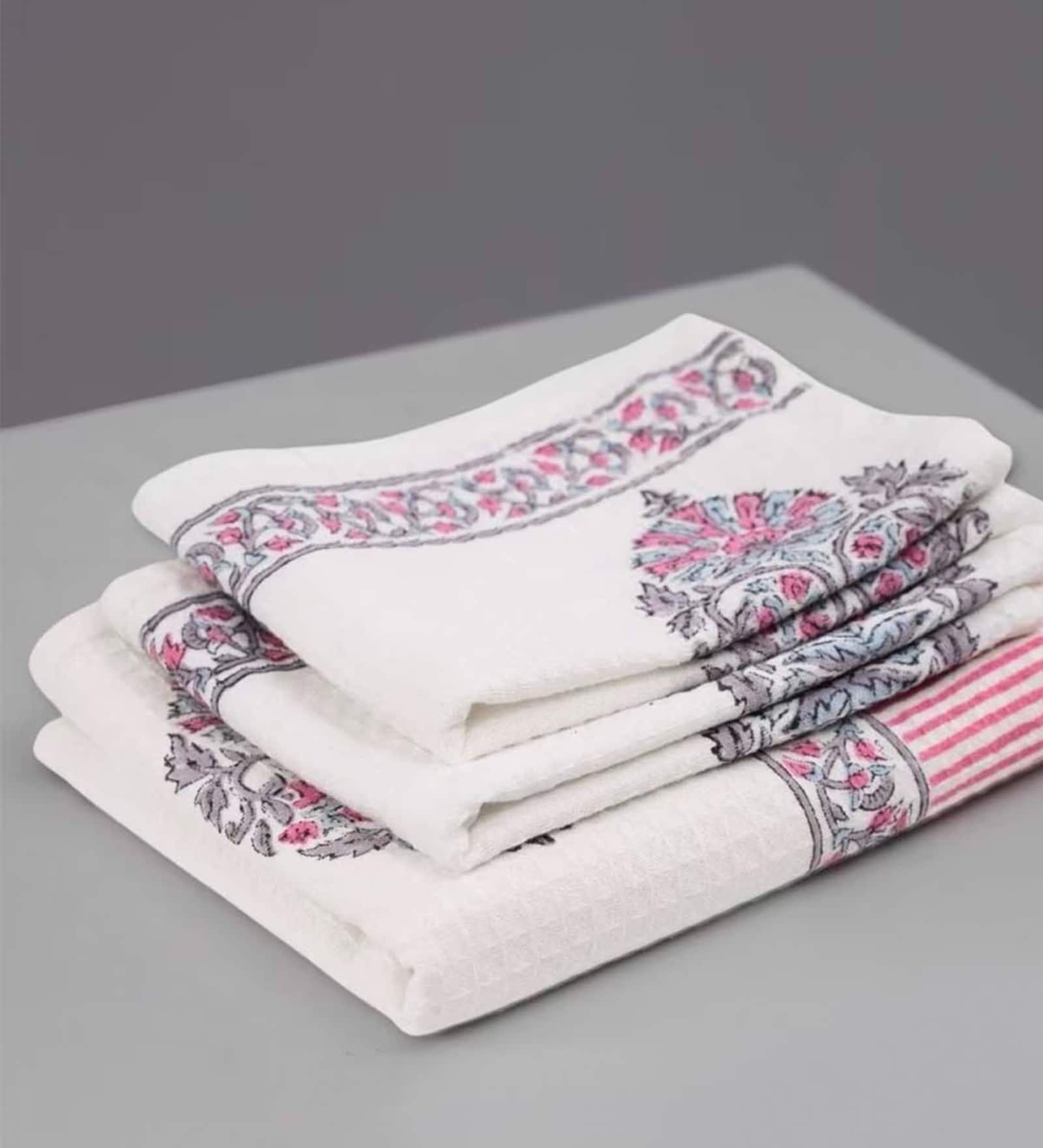 Hand Block Printed 100% Pure Cotton Floral Pink 240 GSM Super Absorbent 2 Hand and 1 Bath Towel Set