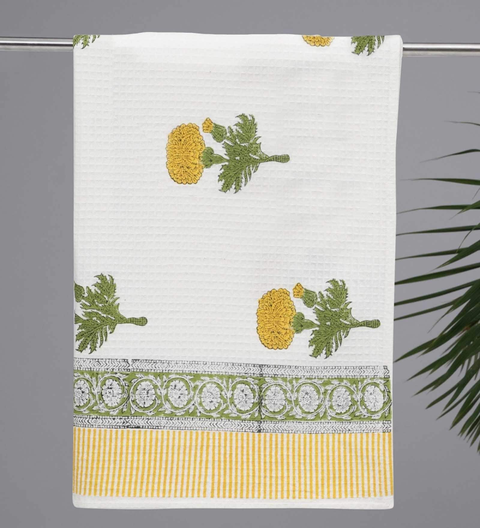 Hand Block Printed 100% Pure Cotton Floral Yellow 240 GSM Super Absorbent  Bath Towels