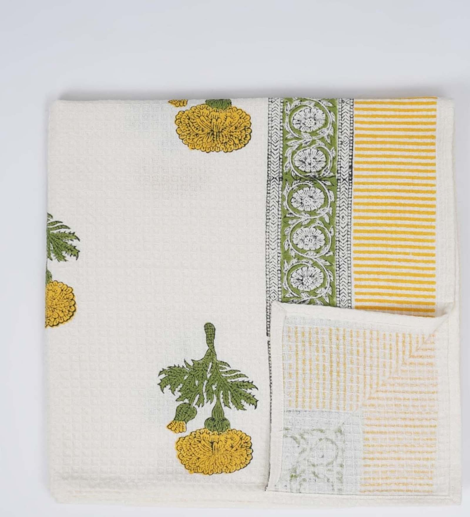 Hand Block Printed 100% Pure Cotton Floral Yellow 240 GSM Super Absorbent 1 Hand & 1 Bath Towel Set