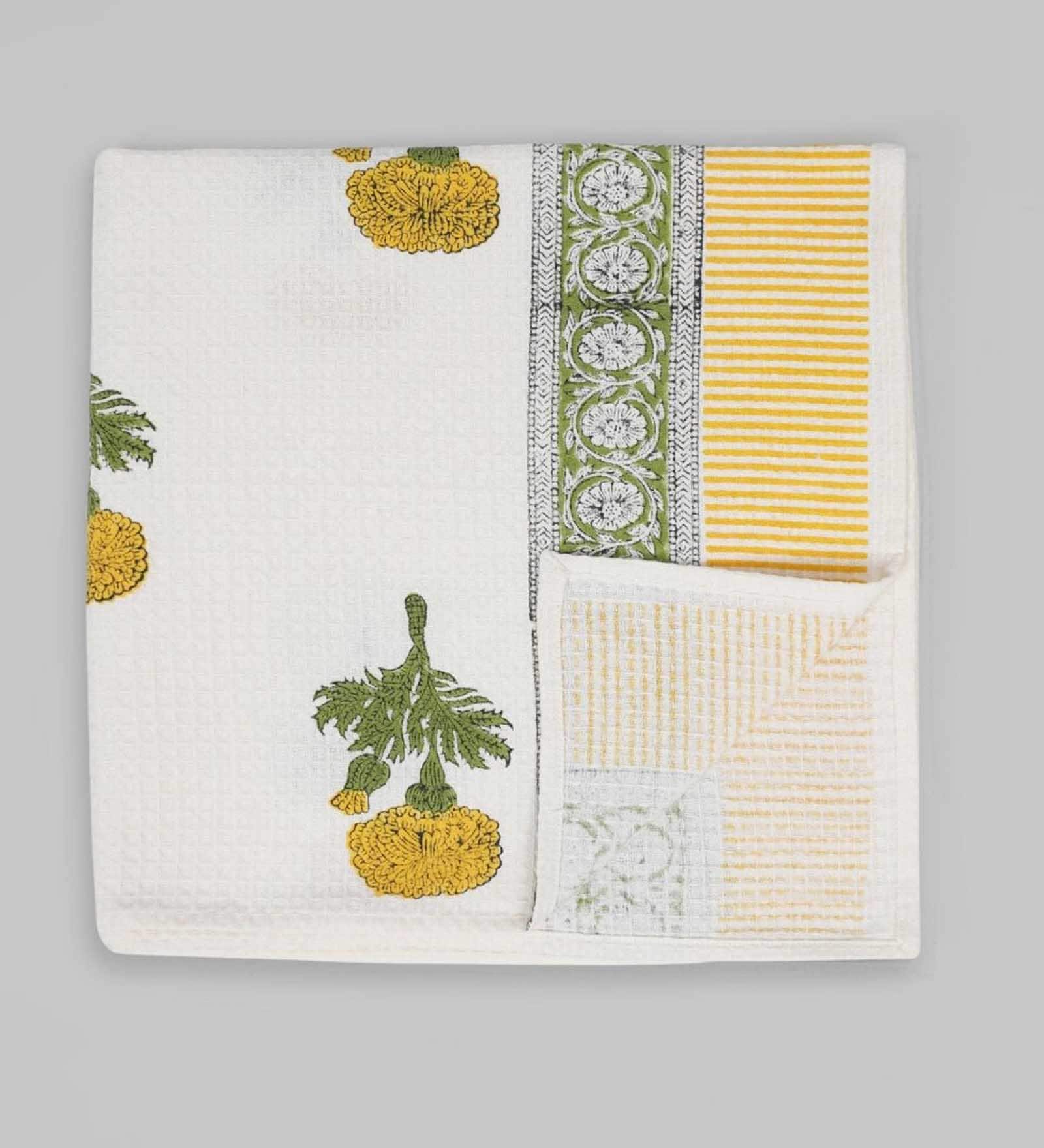 Hand Block Printed 100% Pure Cotton Floral Yellow 240 GSM Super Absorbent 2 Hand & 1 Bath Towel Set